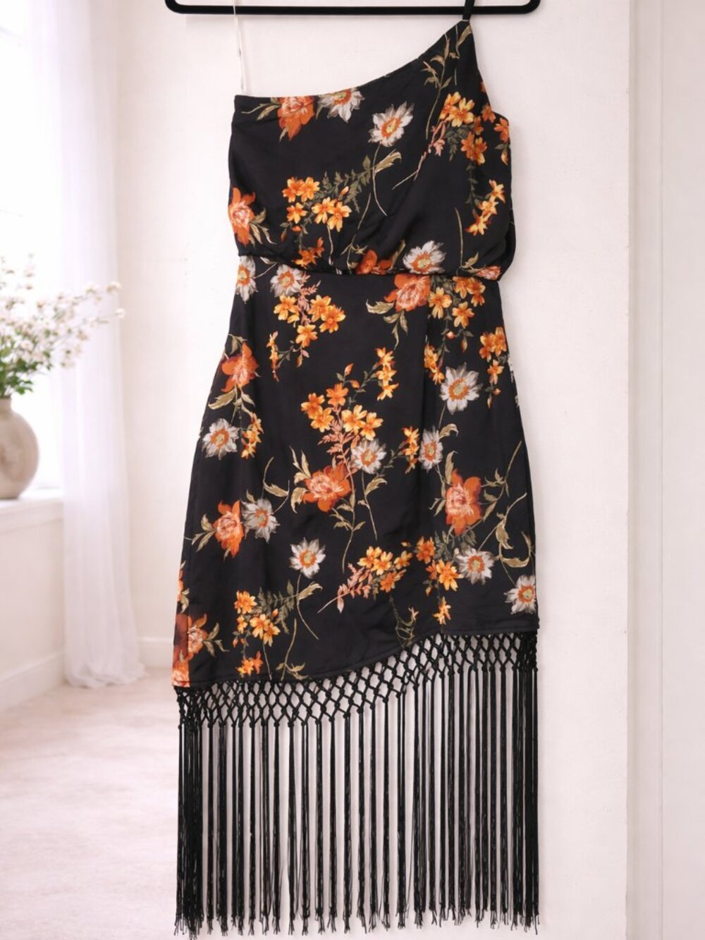 Lulus Womens Dress Size S Black Floral One Shoulder High Low Tassel Midi Boho
